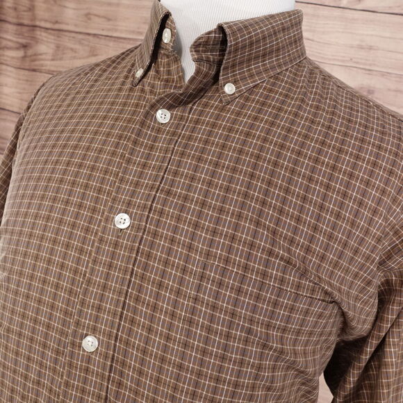 ROUNDTREE & YORKE LONG SLEEVE BROWN PLAID BUTTON DOWN SHIRT MENS SZ XL - Picture 2 of 6